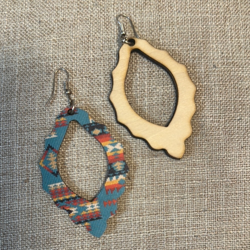 Boho Patterned/Aztec Pattern Turquoise Wood Drop Earrings - Picture 3 of 3